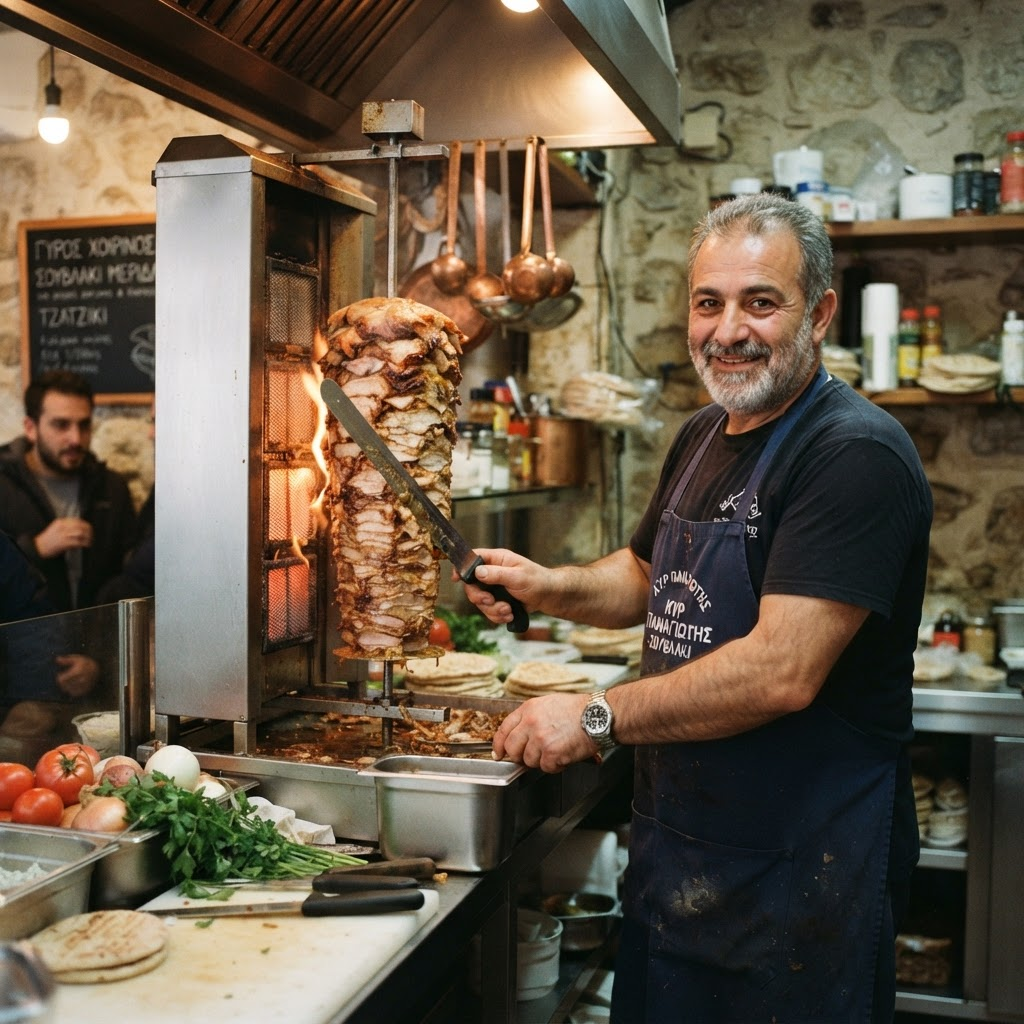 Chef grilling gyros meat on a rotisserie skewer in the Ossett Gyros kitchen