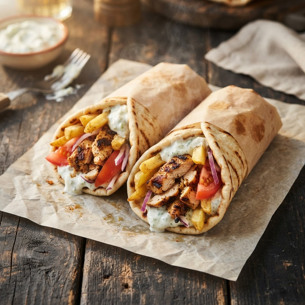 Freshly wrapped Greek chicken gyros filled with grilled chicken, chips, tomato and tzatziki